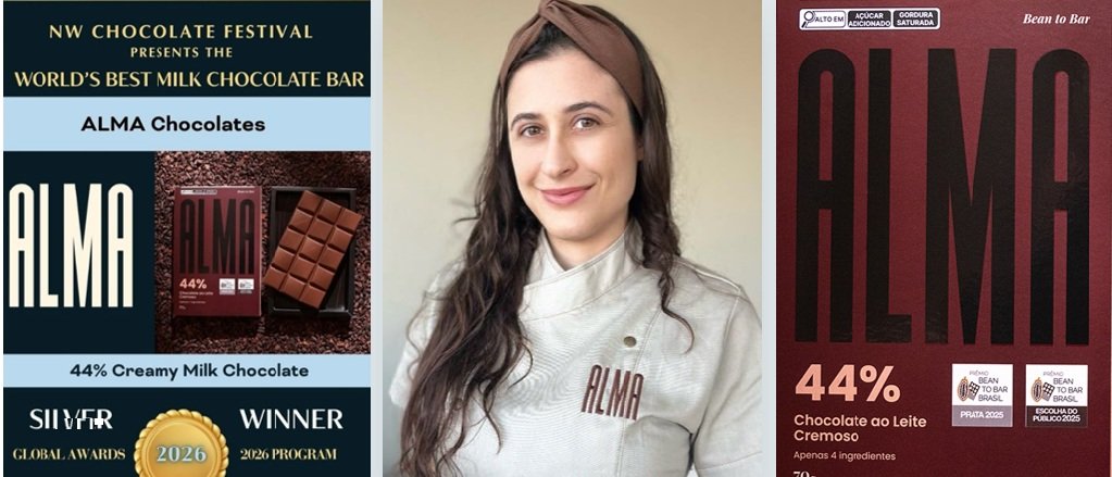 Marca de chocolates de Indaiatuba é premiada em concurso internacional nos EUA Francine Corrado, engenheira de alimentos e proprietária da ALMA Chocolates, celebra a medalha de prata na categoria chocolate ao leite do Chocolate Alliance Awards.